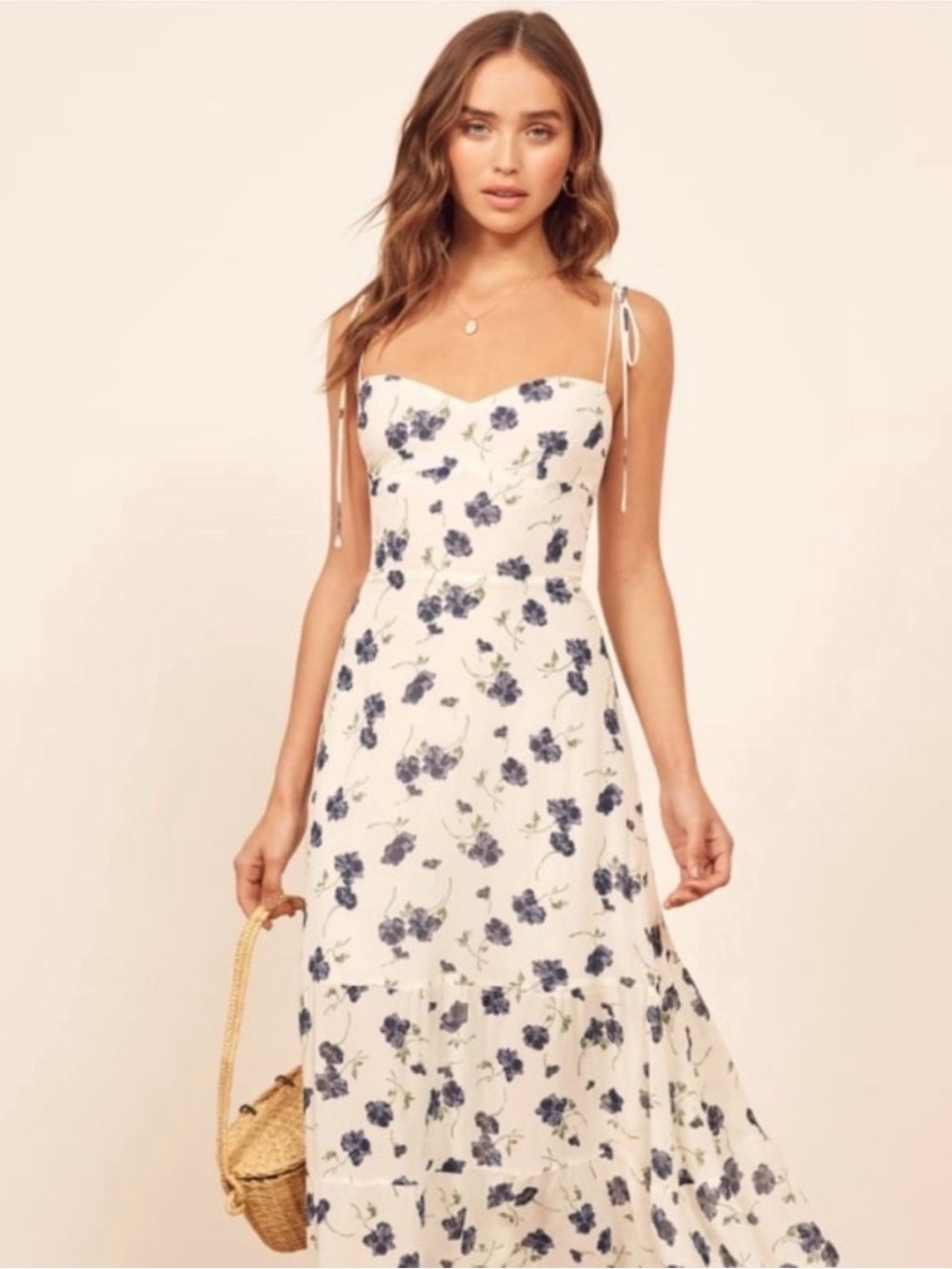 Reformation Ivory Navy Floral Midi Dress - Emmie